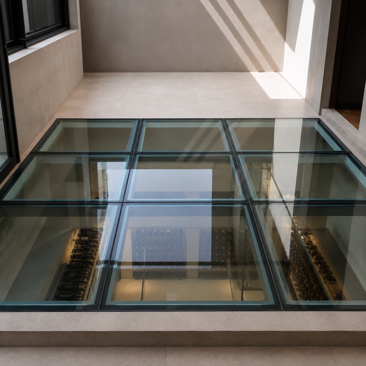 Piso de vidrio sobre bodega de vinos