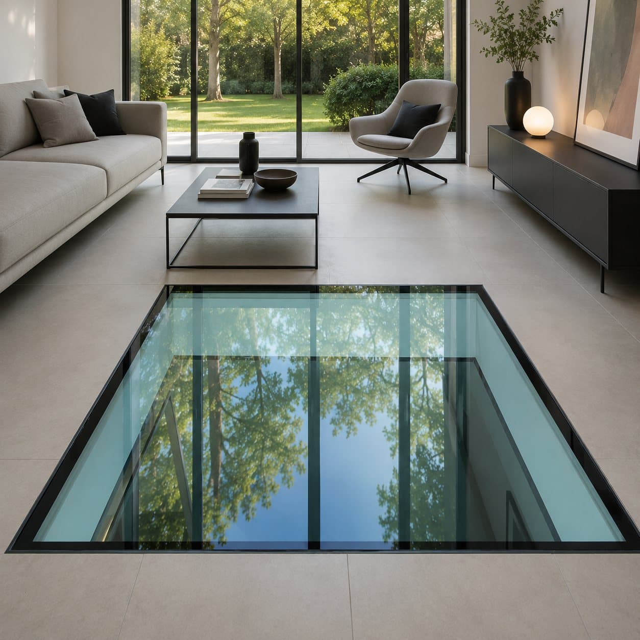 Piso de vidrio estructural en living minimalista